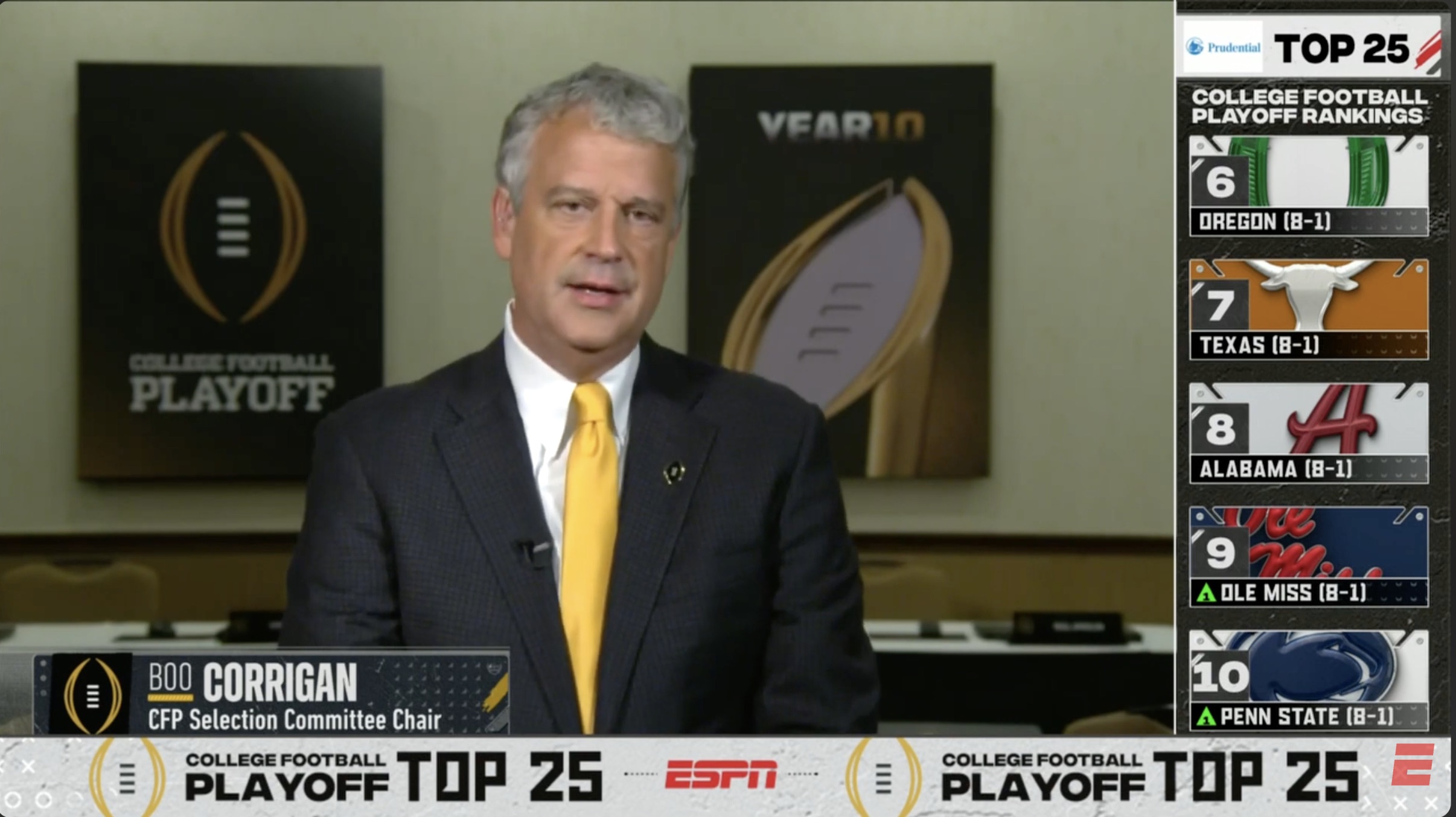 Boo Corrigan appearing on ESPN as College Football Playoff Selection Committee Chair with CFP branding and no visible NC State identification